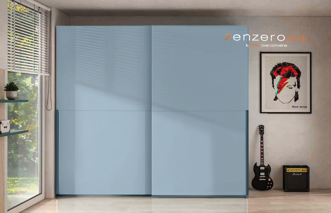 Armadio a 2 ante scorrevoli, finitura Carta da zucchero e Petrolio