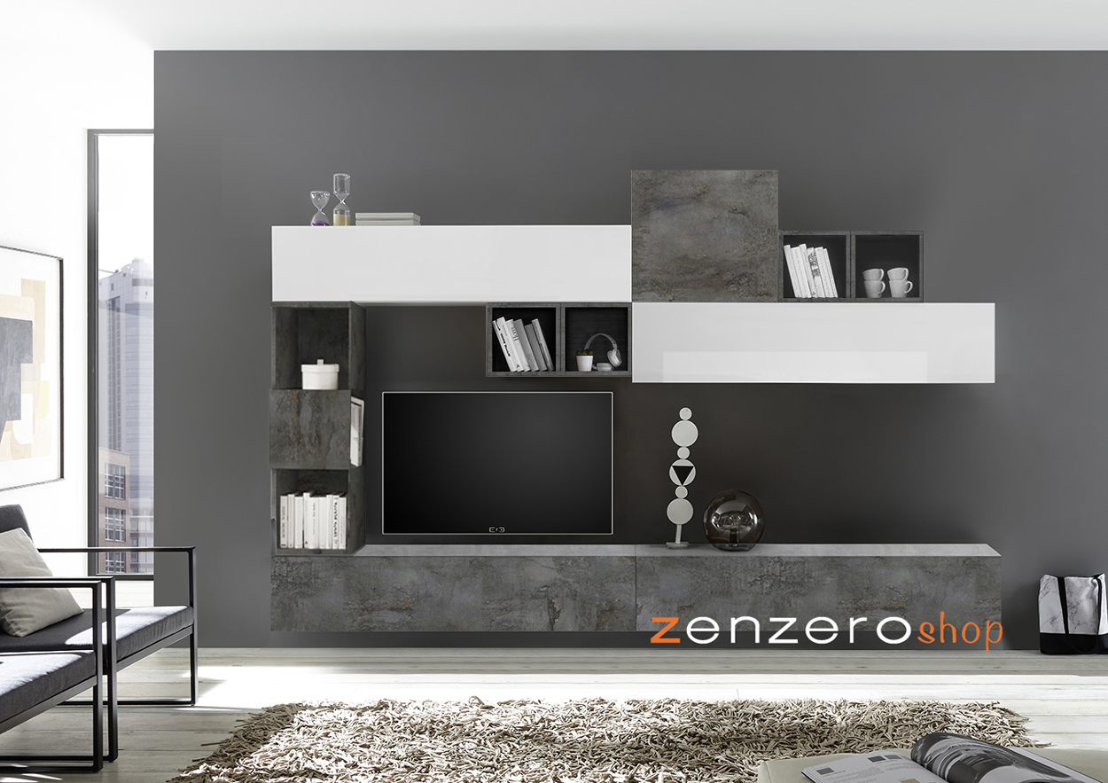 Parete attrezzata spaziosa, completa di libreria, Bianca Lucida, Ossido, Beton e Piombo