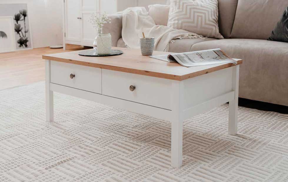 Tavolino per soggiono moderno in finitura bianco opaco e quercia