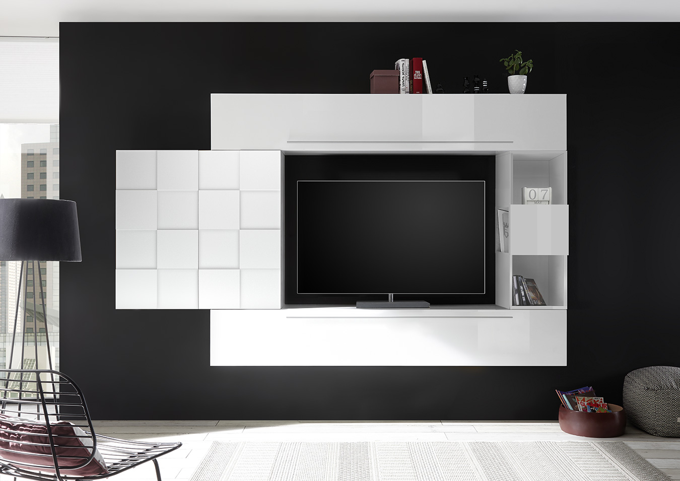 Parete attrezzata bianca laccata lucida, con contenitore, ribalte con maniglie e libreria