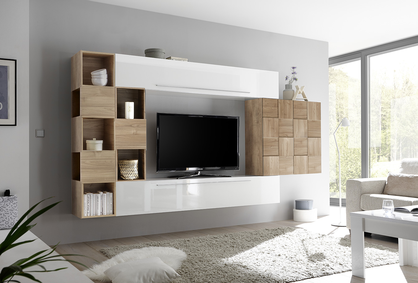 Parete attrezzata bianco lucido e noce stelvio con pensile Miss