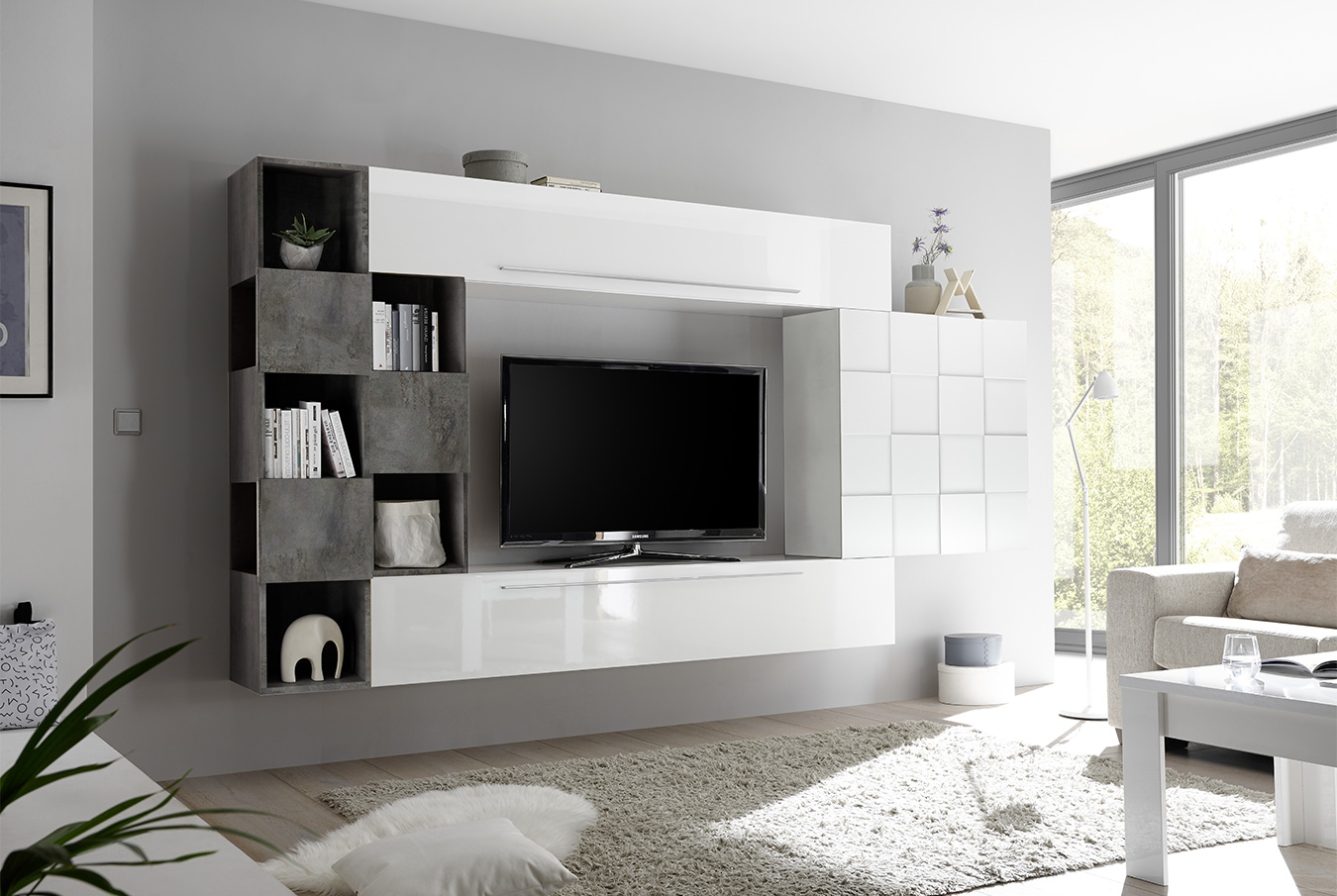 Parete attrezzata bianco lucido e ossido con pensile Miss