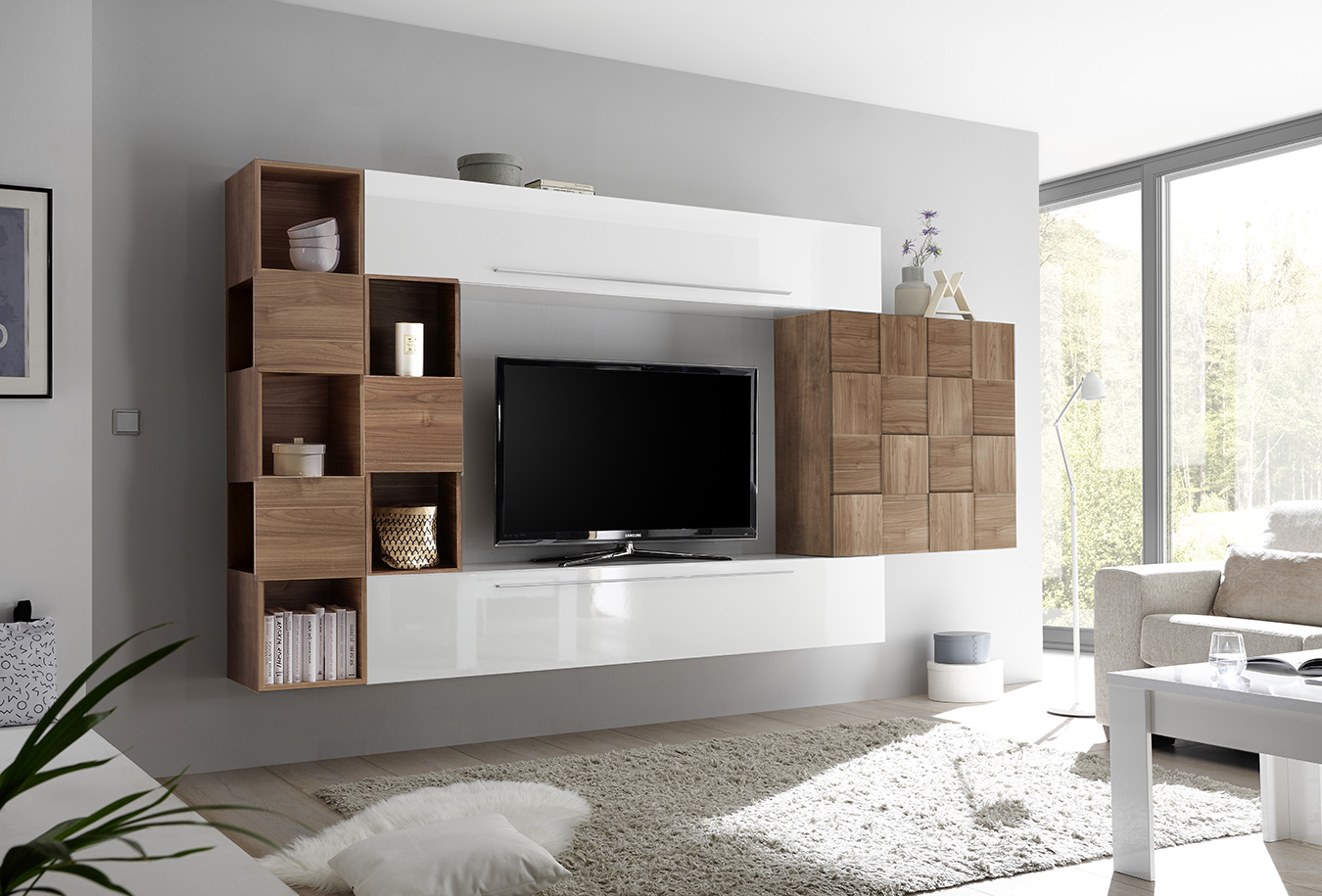 Parete attrezzata bianco lucido e noce dark con pensile Miss