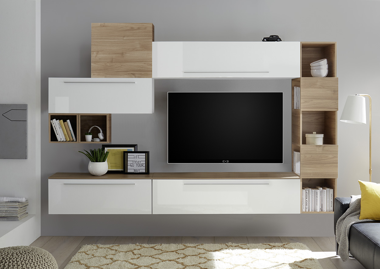 Parete attrezzata moderna, bianca lucida e top ed elementi noce stelvio 