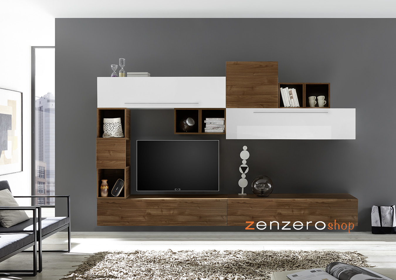 Parete attrezzata spaziosa, completa di libreria, Bianca Lucida e Noce Dark