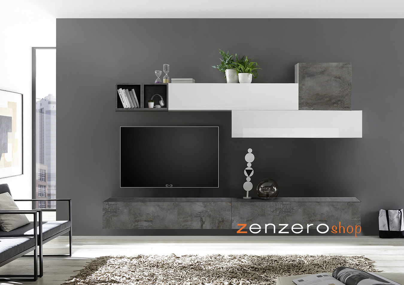 Parete attrezzata, con ribalte, vasistas, pensili e vani, finitura Ossido, Piombo e Bianco Lucido