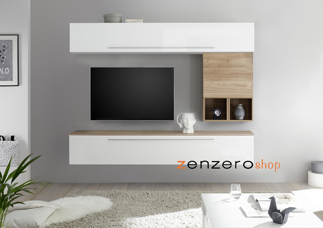 Parete attrezzata con apertura con pistone ammortizzato, Bianca Lucida e Noce Stelvio