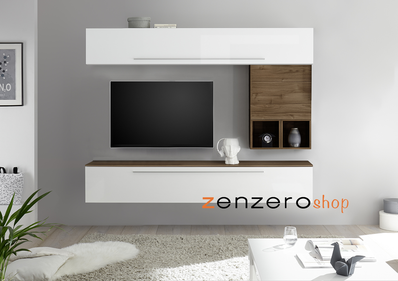 Parete attrezzata con apertura con pistone ammortizzato, Bianca Lucida e Noce Dark