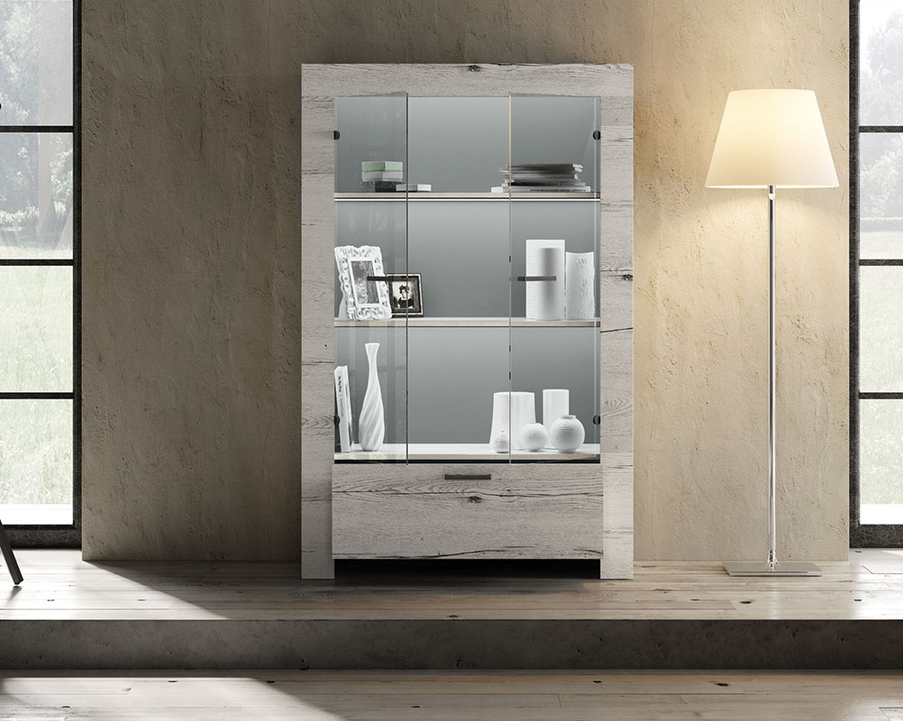 Vetrina shabby chic con cassetto, rovere neve