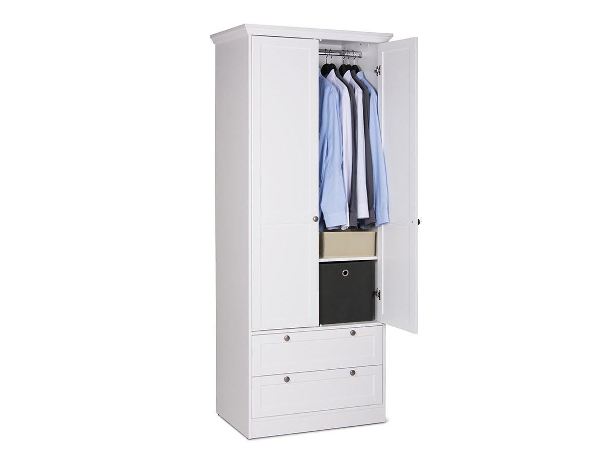 Armadio di design multiuso a 2 ante battenti e 2 cassetti, finitura bianca