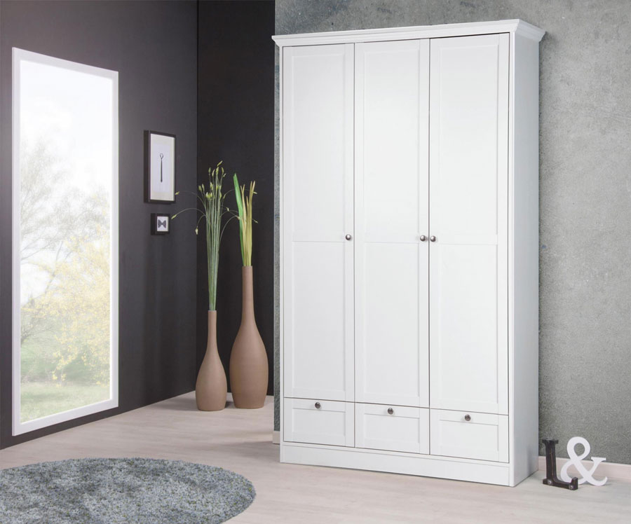 Armadio multiuso bianco a 3 ante battenti e 3 cassetti