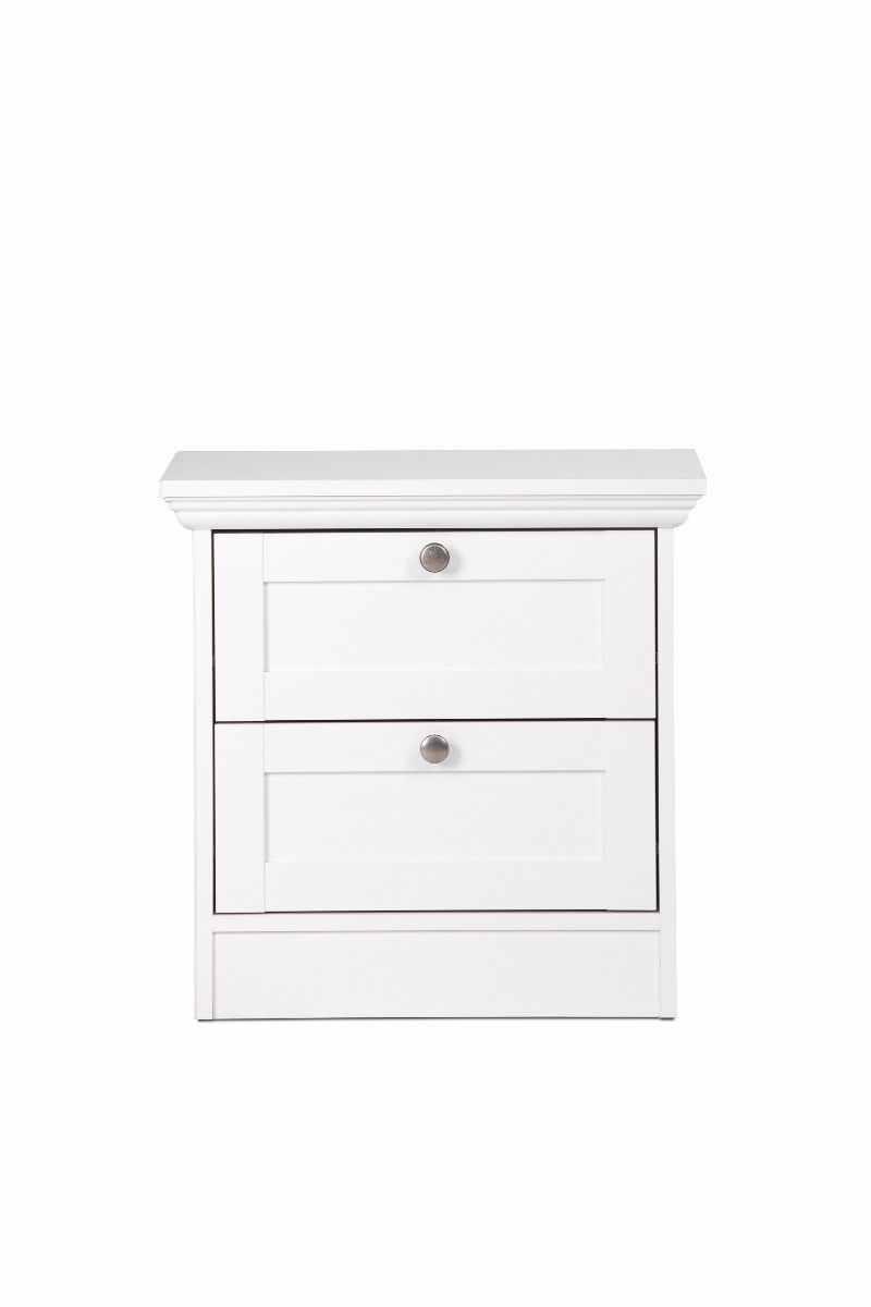 Comodino a 2 cassetti con maniglie in metallo, finitura Bianca