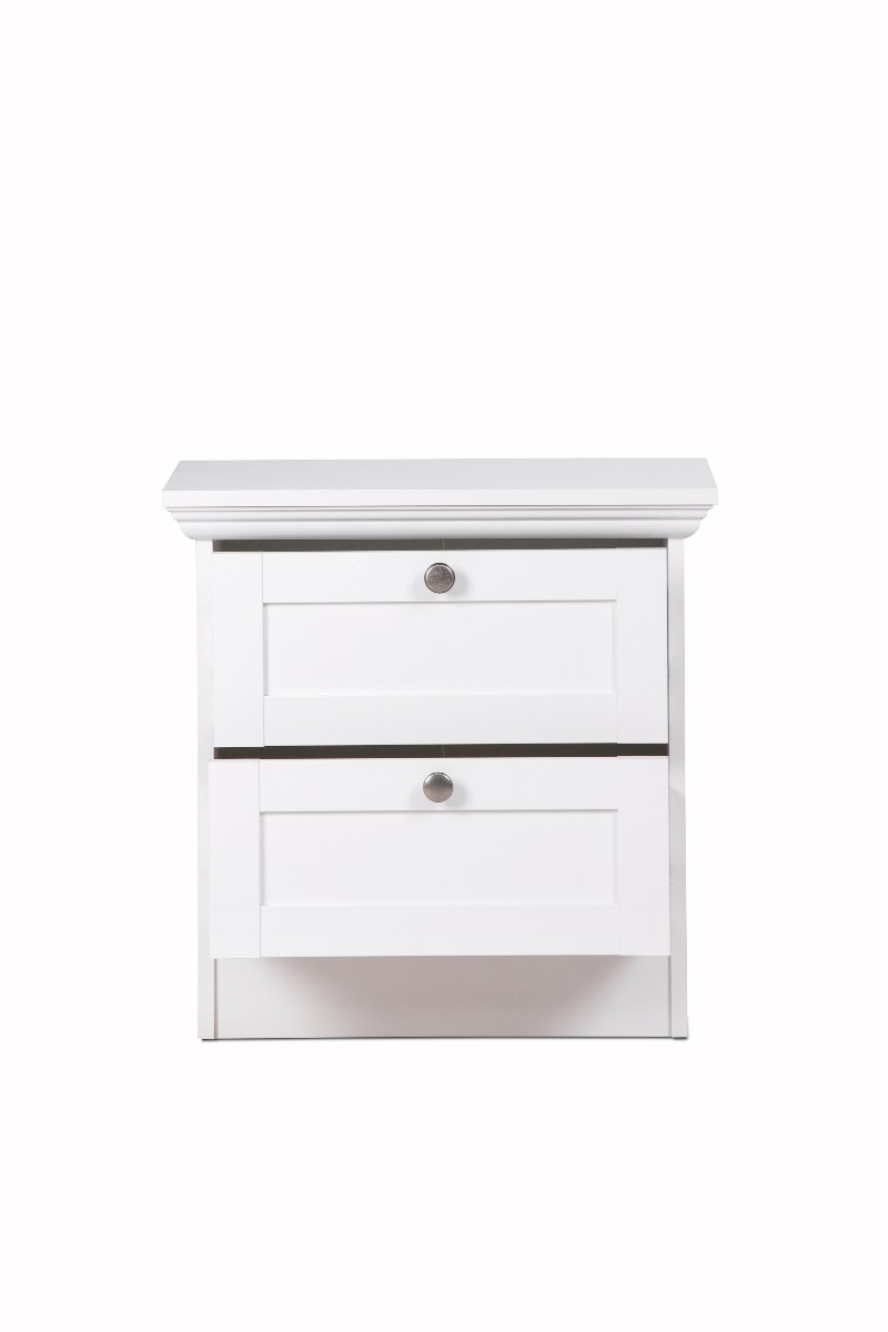 Comodino a 2 cassetti con maniglie in metallo, finitura Bianca