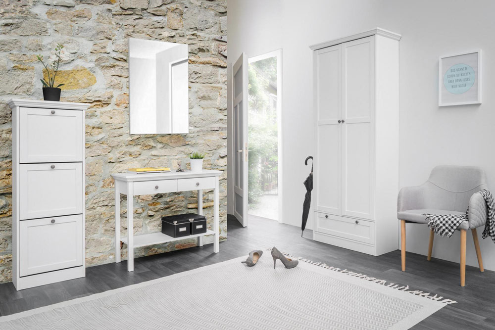 Composizione d'ingresso con Consolle, Scarpiera 3 ante e Armadietto 2 ante, finitura Bianca