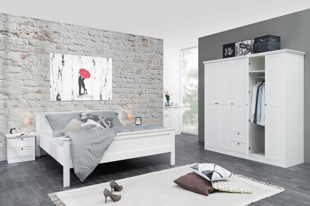 Camera con letto 140x200, armadio e coppi di comodini, finitura Bianca