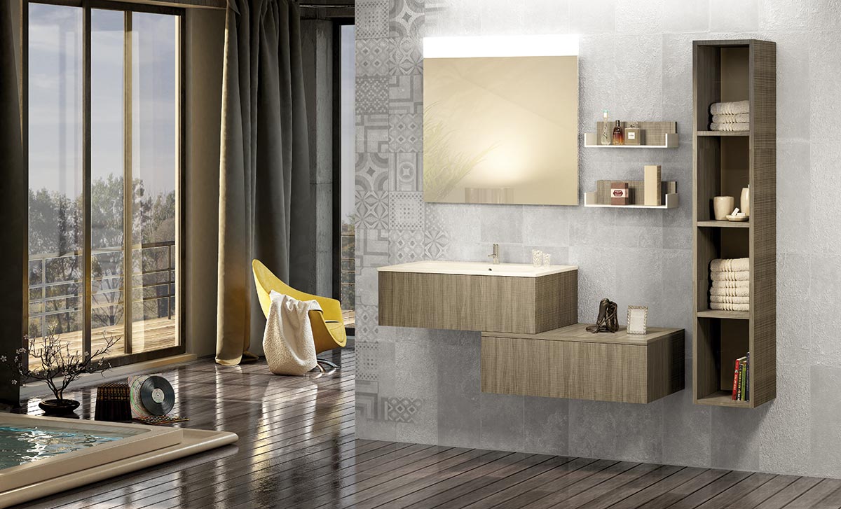 Mobile bagno sfalsato con lavabo, 2 cassetti, finitura Olmo danubio