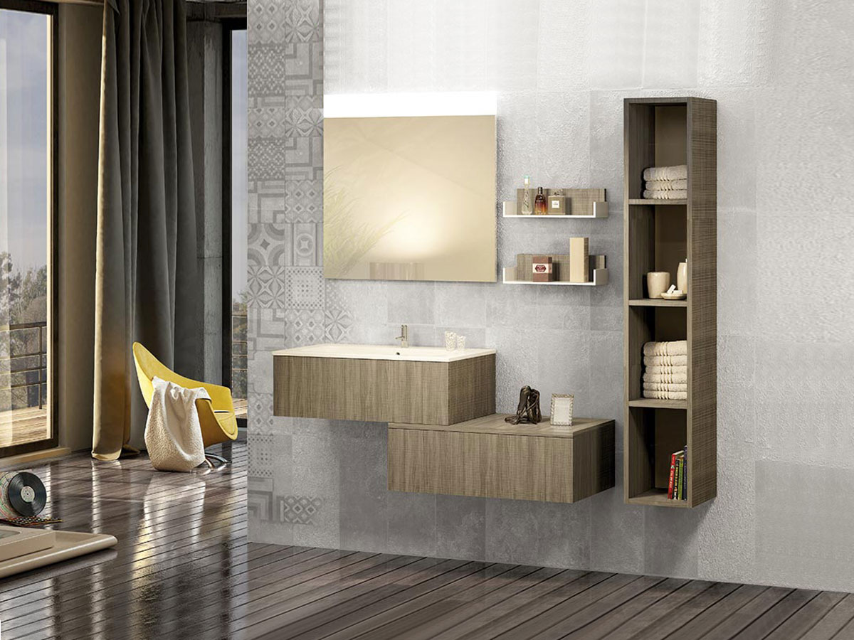 Mobile bagno sfalsato con lavabo, 2 cassetti, finitura Olmo danubio
