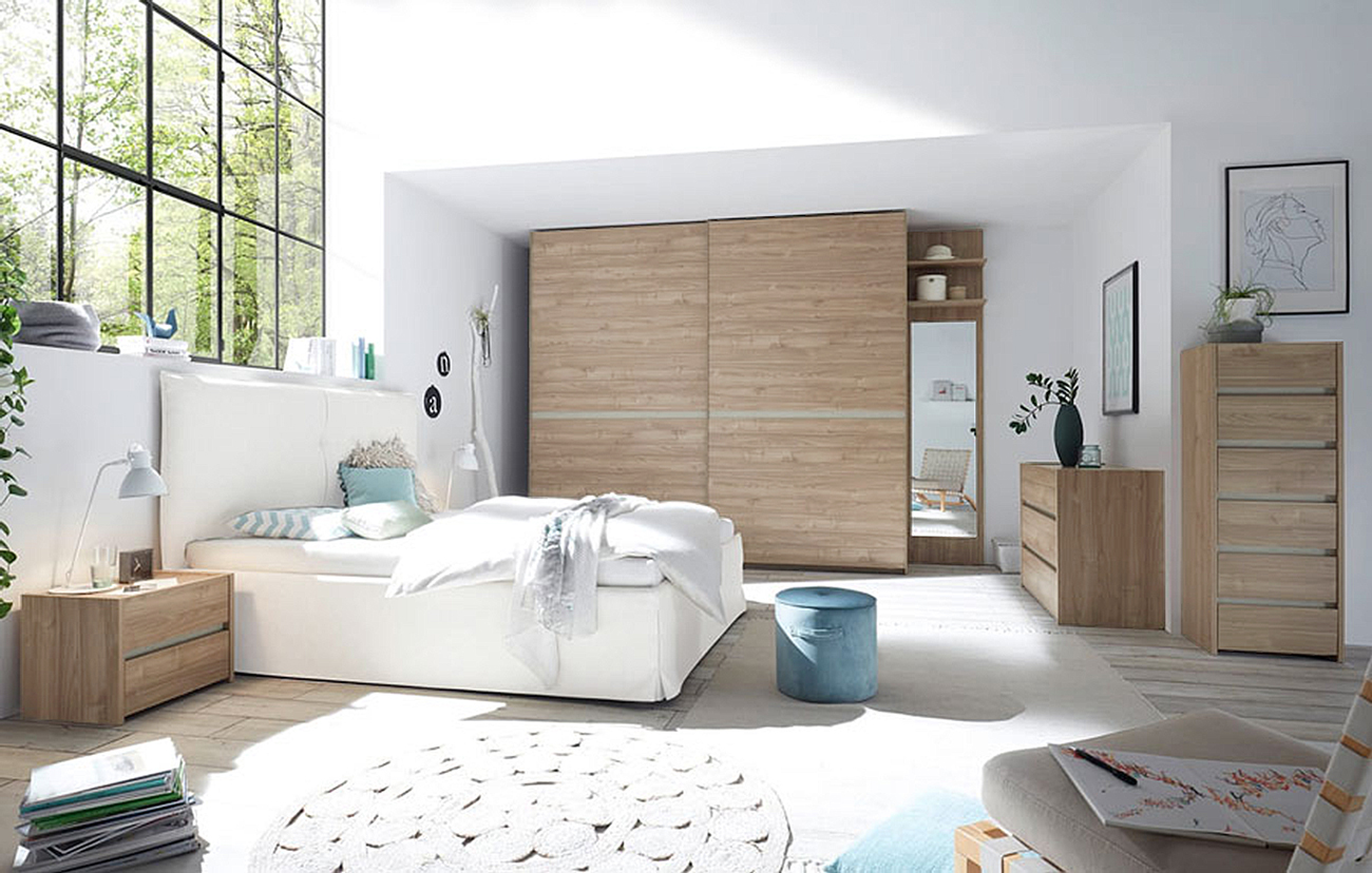 Camere matrimoniale moderna conveniente, finitura Noce Chiaro e Argilla