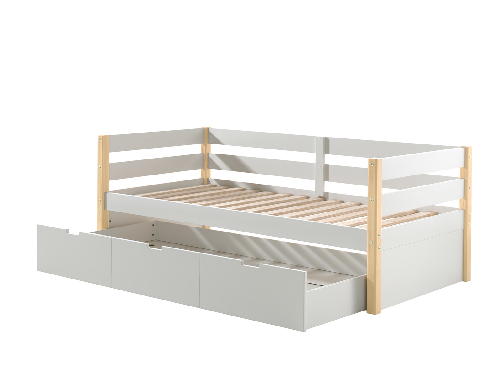 Divano letto con secondo letto estraibile in legno massello, Bianco e Pino naturale