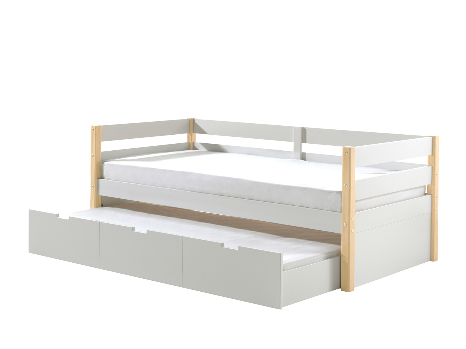 Divano letto con secondo letto estraibile in legno massello, Bianco e Pino naturale