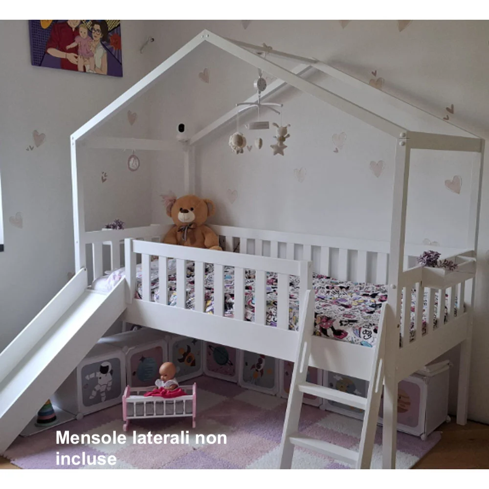 Letto a casetta con scivolo per bambini, finitura Bianco laccato