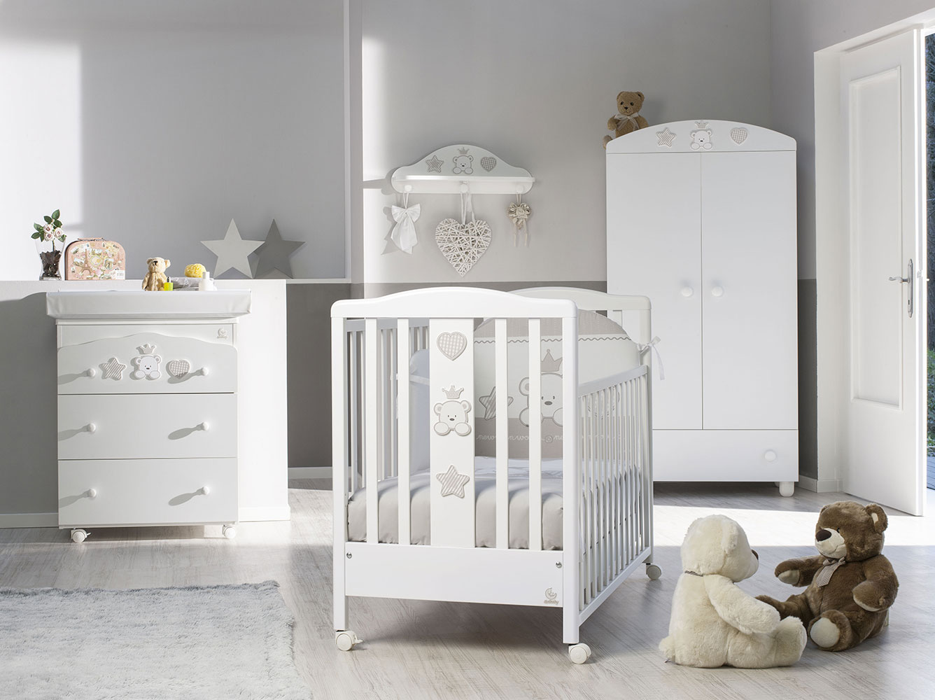 Culla Baloo con ruote, bianca con decori