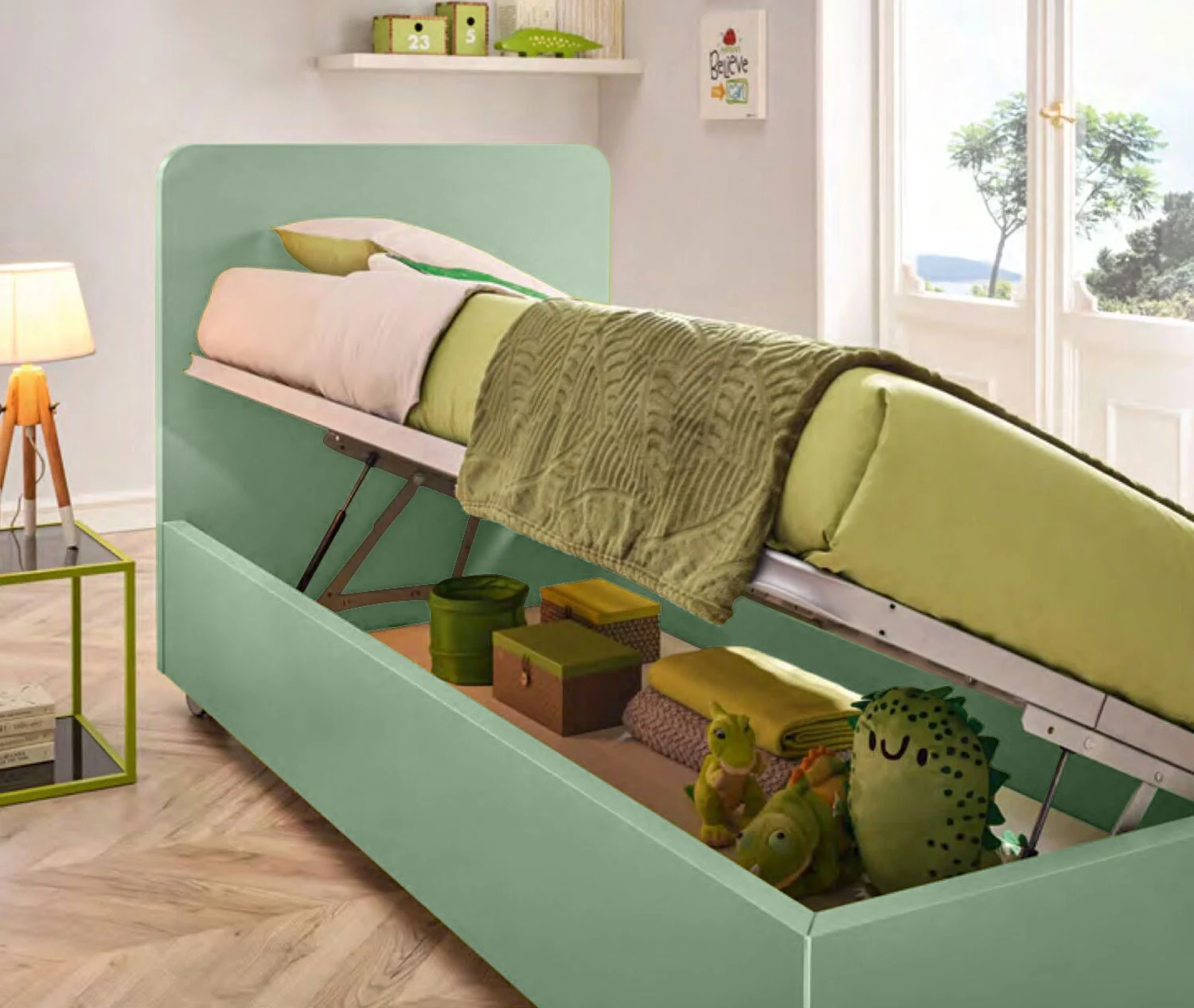 Letto singolo Fillet Moretti Compact con contenitore laterale e ruote