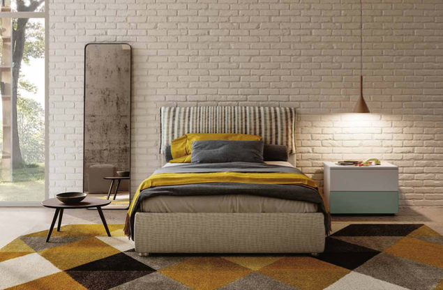 Cameretta 1 piazza e mezza, finitura Agave e Grigio seta, letto imbottito