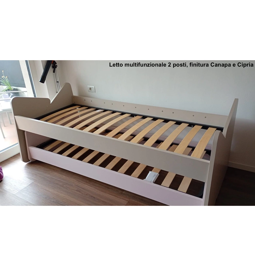 Letto multifunzionale 2 posti, finitura Blu opale e Cipria
