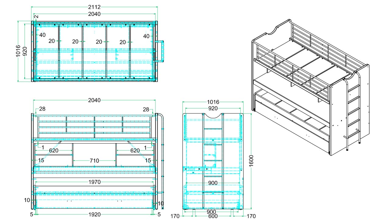 Letto castello con scrivania, 3 posti, disponibile in 7 colori