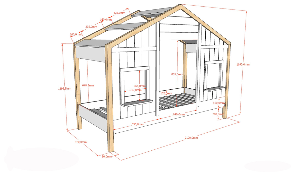 Letto montessoriano a casetta per bambini, Bianco e Pino naturale