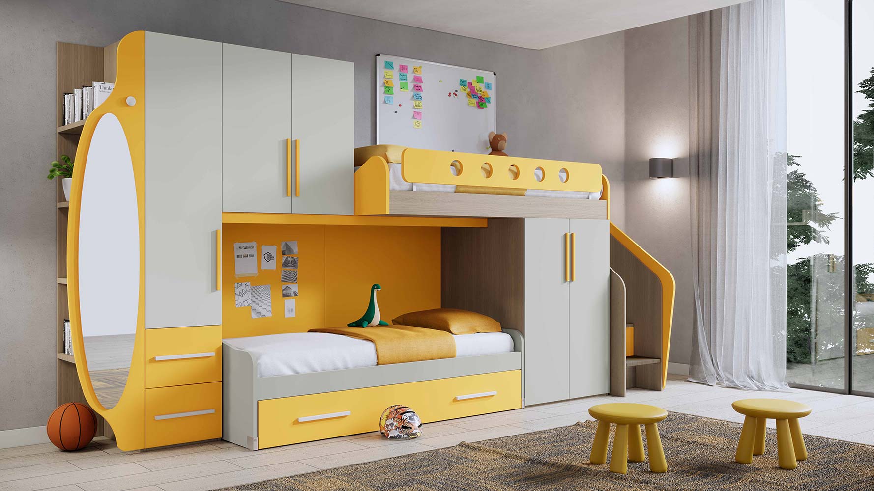 Soppalco per camerette con due posti letto, finitura Nebbia, Rovere ambra e Girasole