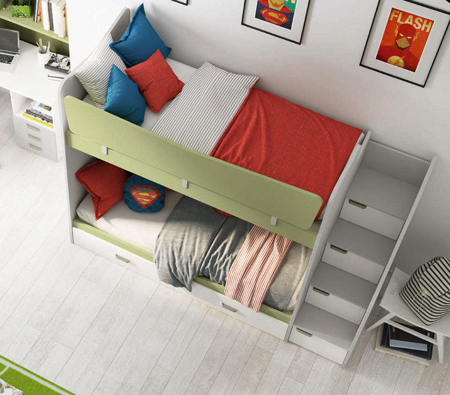 Letto a castello scontato in finitura Grigio dorian, Oliva e Rovere bianco