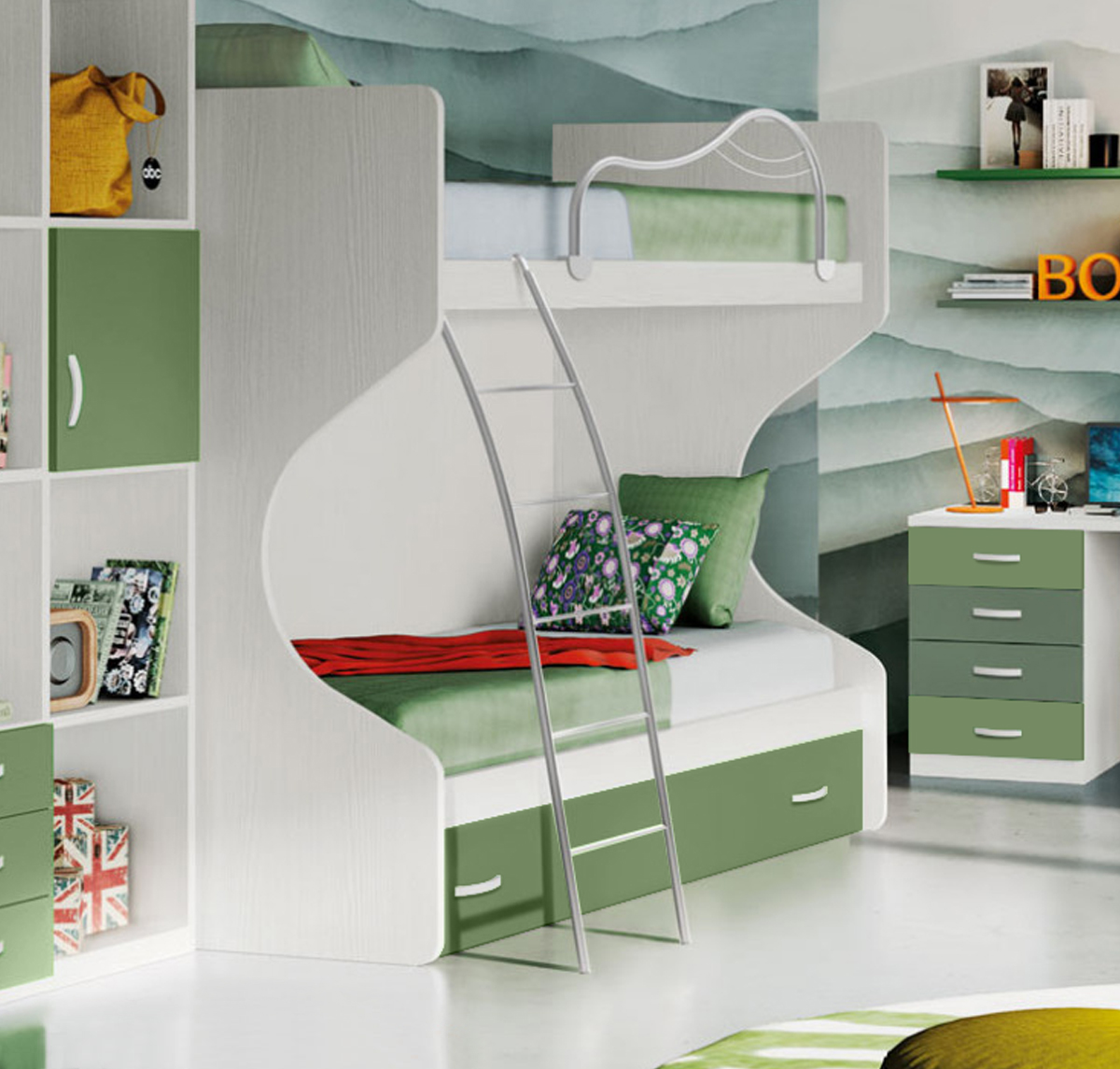 Letti a castello economici, 3 posti letto, finitura Verde e Bianco