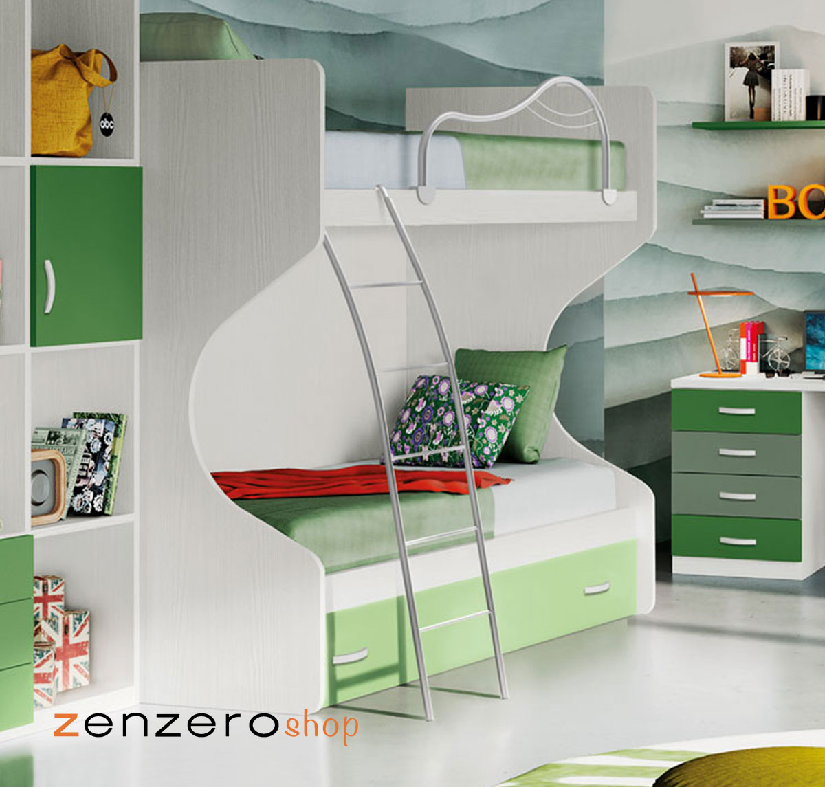 Pratici Letti a castello economici, 3 posti letto, struttura ciliegio e frontali cassetti tele