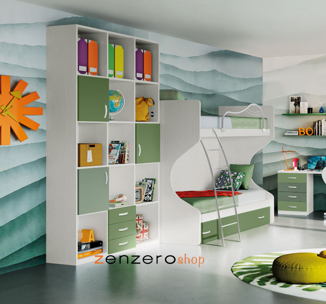 Letti a castello economici, 3 posti letto, finitura Verde e Bianco