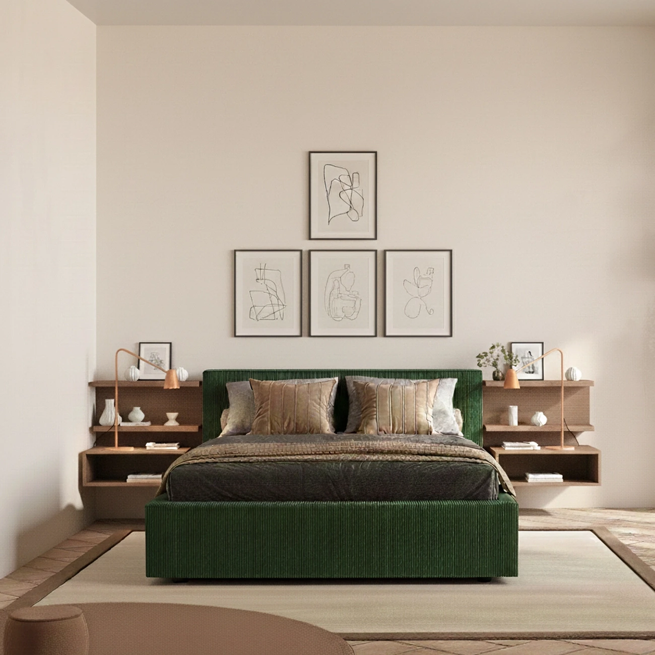 Letto matrimoniale Armonia, velluto a coste Verde foresta, 160x195