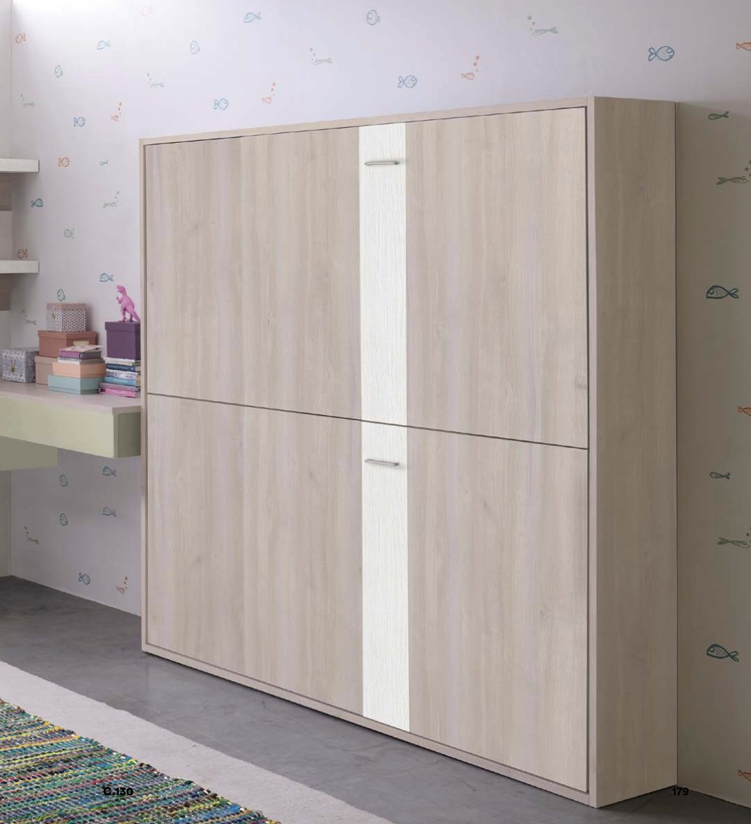 Letto castello a scomparsa, finitura Ciliegio bianco e Rovere white