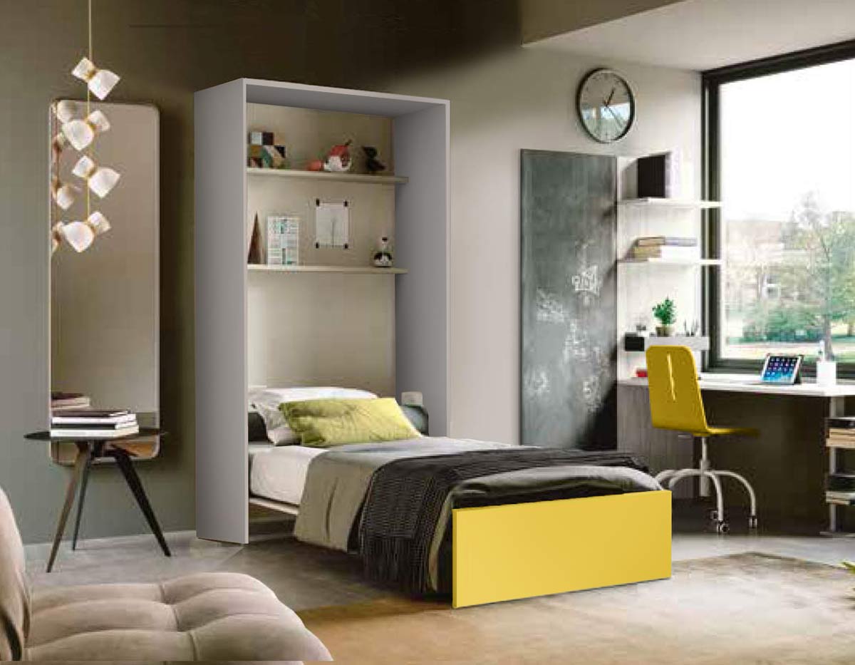 Letto singolo a scomparsa, finitura Grigio seta e Giallo cedro