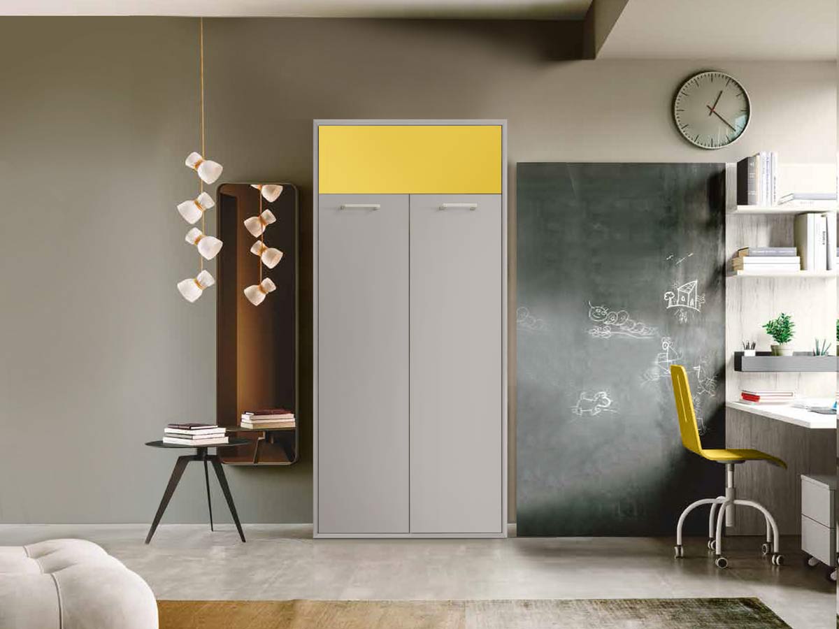 Letto singolo a scomparsa, finitura Grigio seta e Giallo cedro