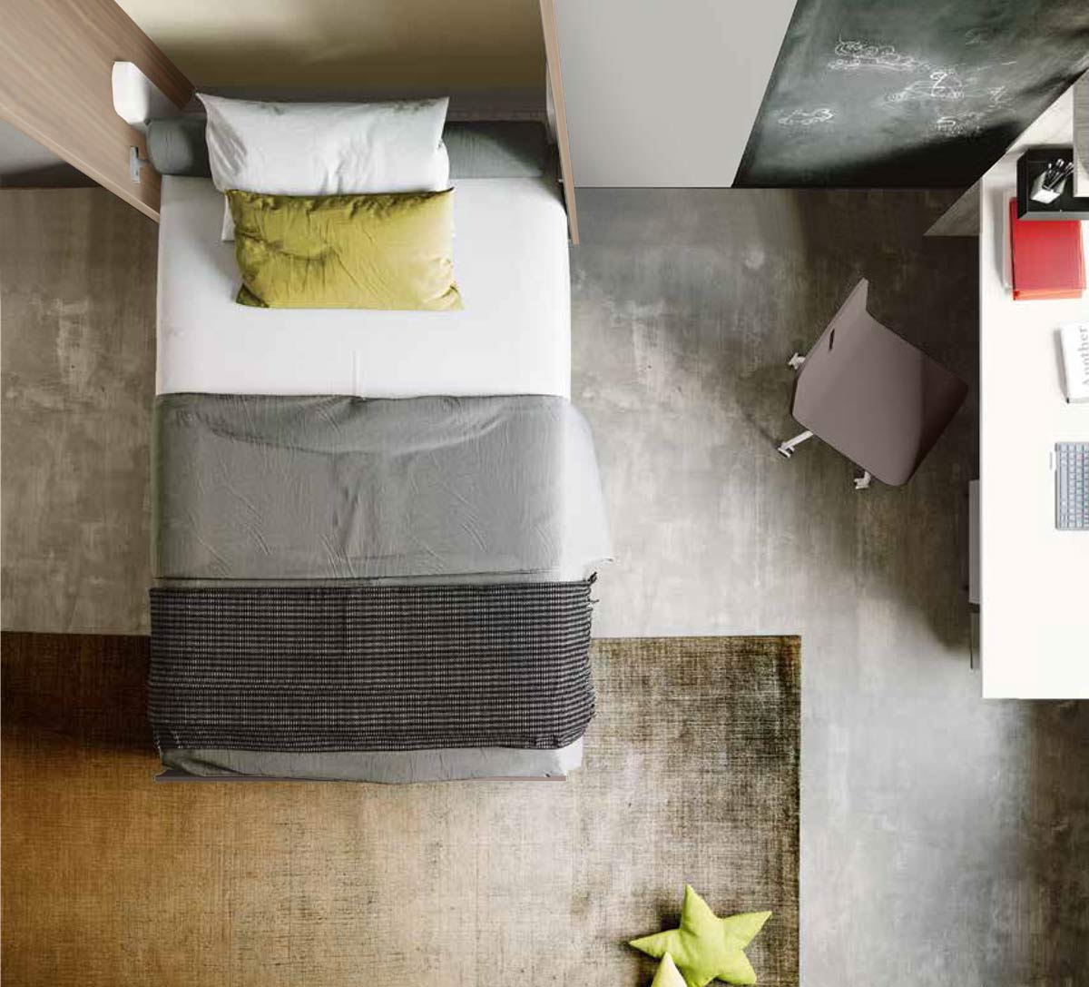 Letto a scomparsa una piazza e mezza, finitura Olmo e spatolato Bronzo