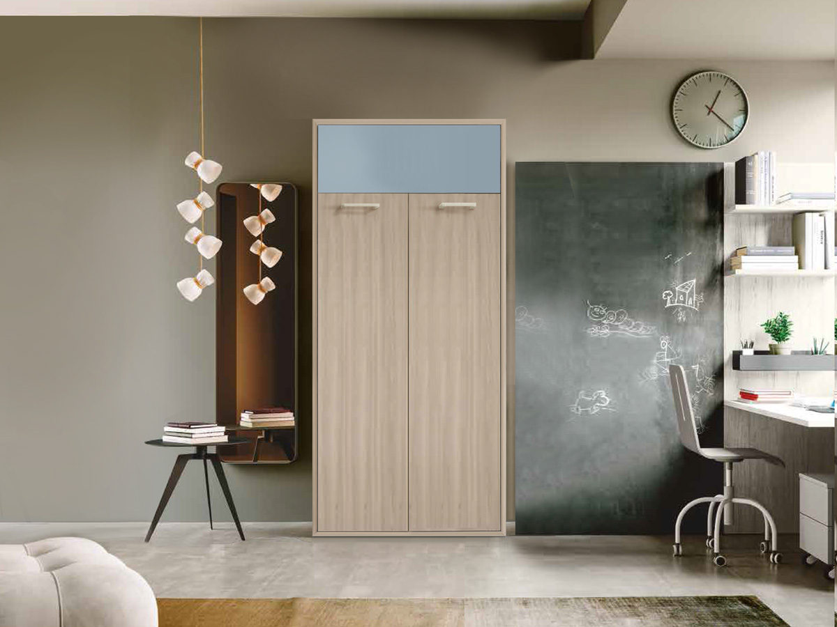 Letto verticale singolo trasformabile a scomparsa, finitura Olmo e Carta da zucchero