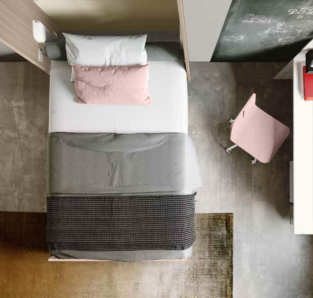 Letto verticale con vani a giorno L.120, finiture Olmo natura, rosa confetto e carta da zucchero