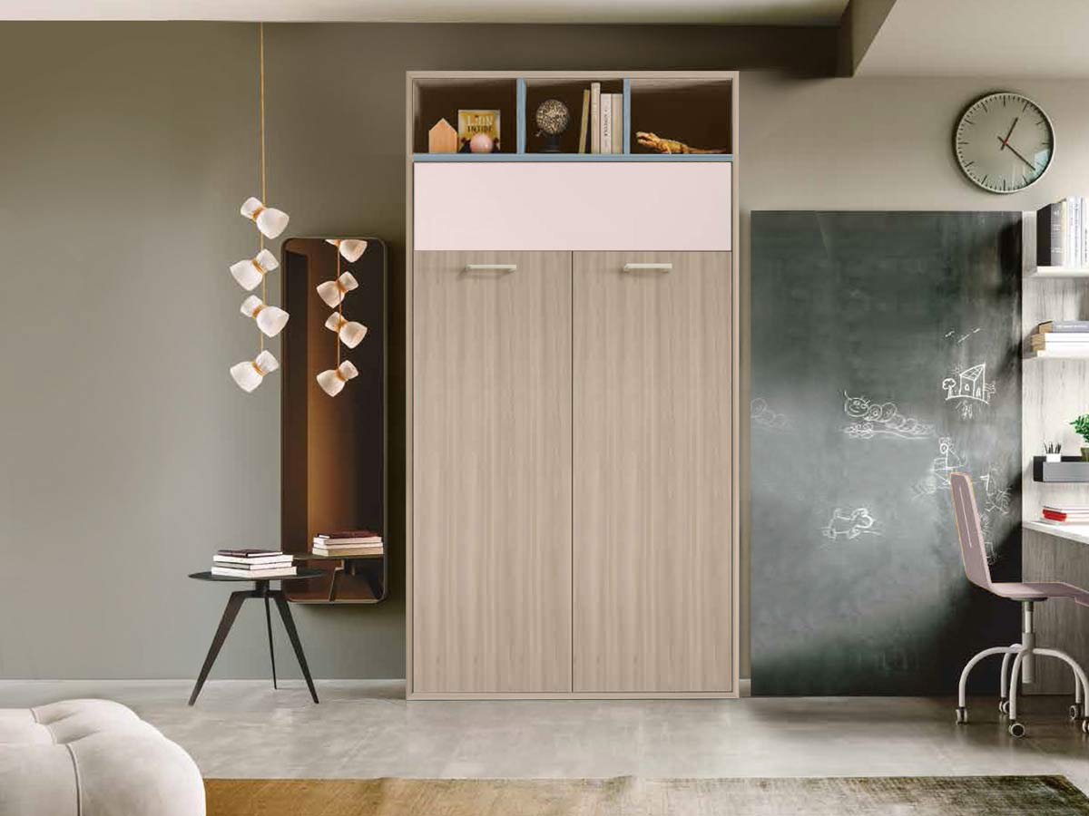 Letto verticale con vani a giorno L.120, finiture Olmo natura, rosa confetto e carta da zucchero