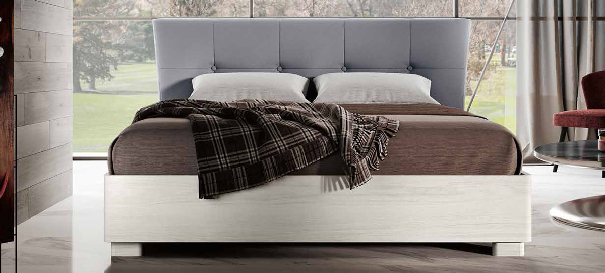 Letto con testata imbottita e giroletto in legno, ecopelle grigia e bianco altea