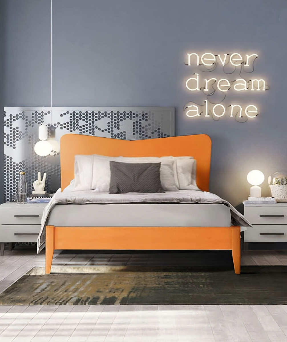 Letto una piazza e mezza Winner con testata in legno, finitura Papaya