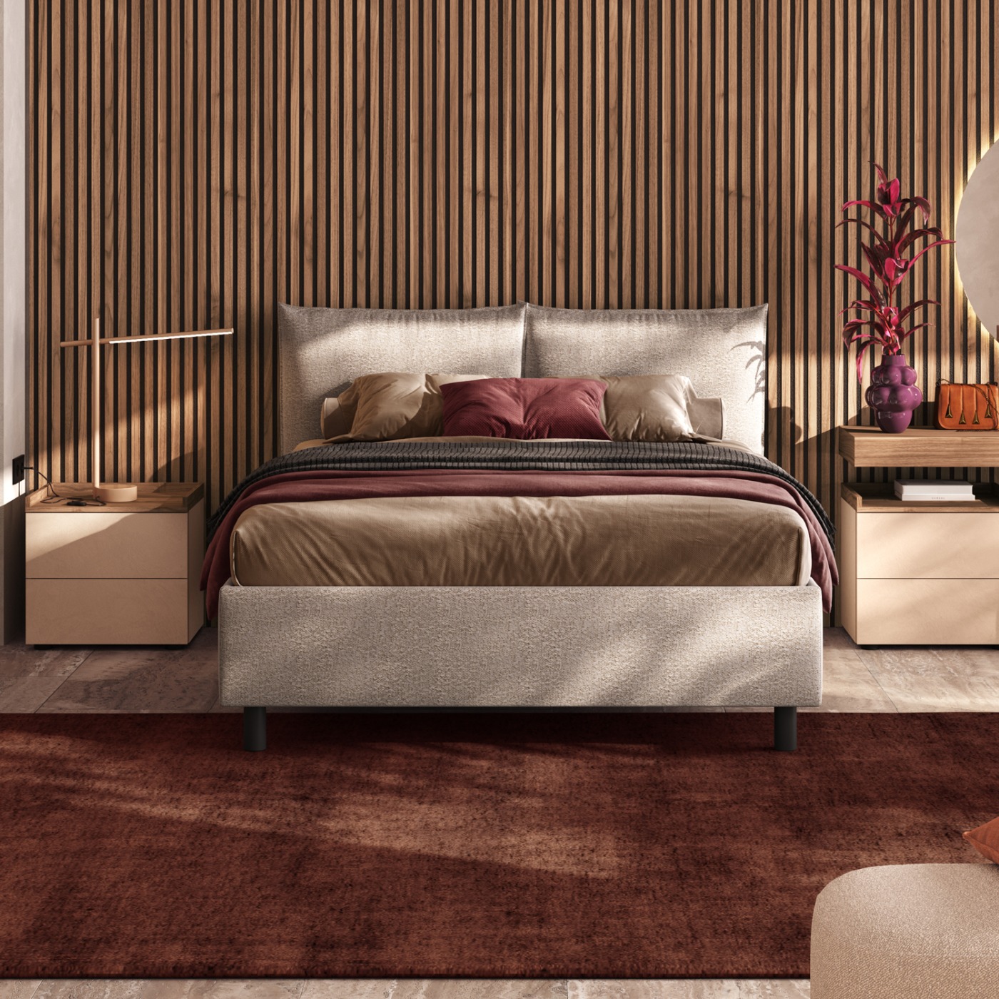 Letto matrimoniale con cuscini, tessuto Bouclè Avorio