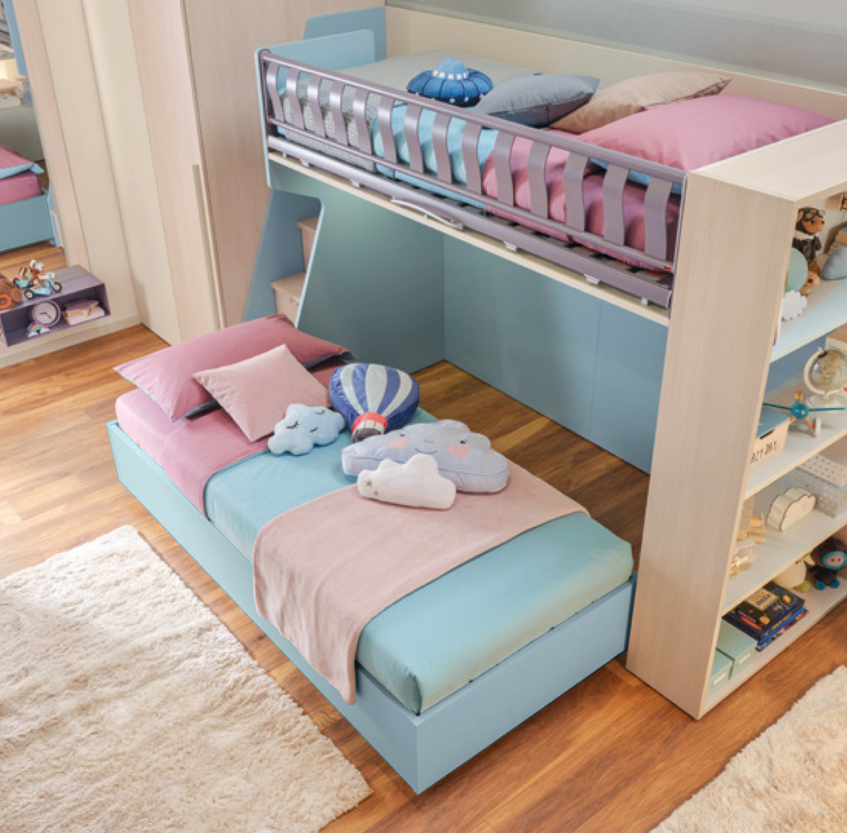 Letto sommier 80x200 con ruote Moretti Compact, finitura Azzurro cielo