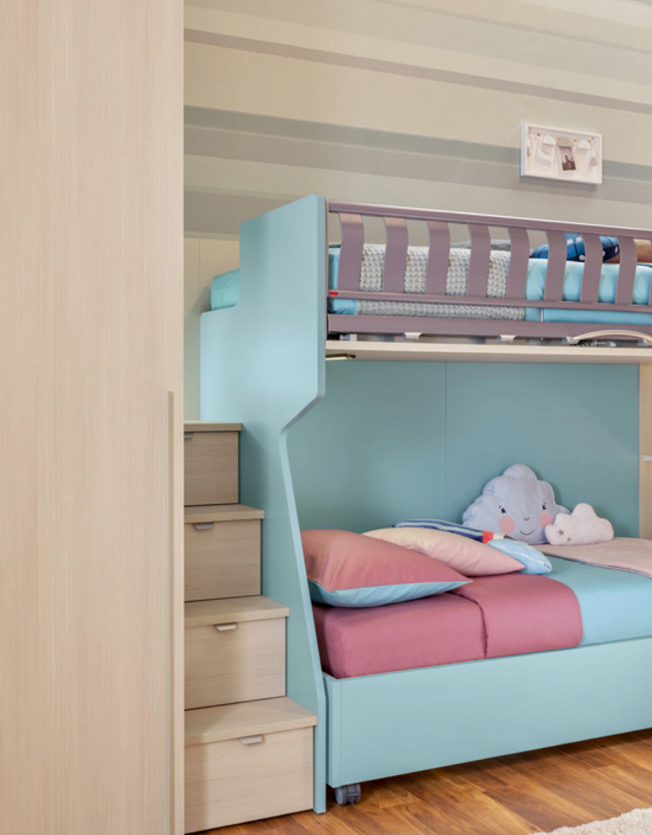 Letto sommier 80x200 con ruote Moretti Compact, finitura Azzurro cielo