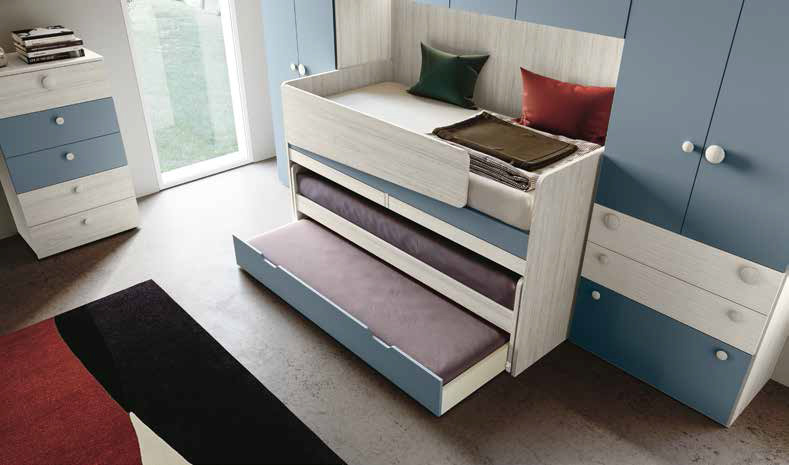 Letto multifunzionale 3 posti con scrivania, finitura Bianco altea e Carta da zucchero